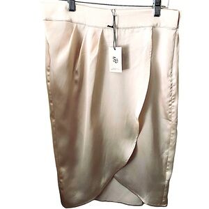 NWT Sincerely Jules Cream Large Satin Detailed High Low Wrap Pencil Midi shirt